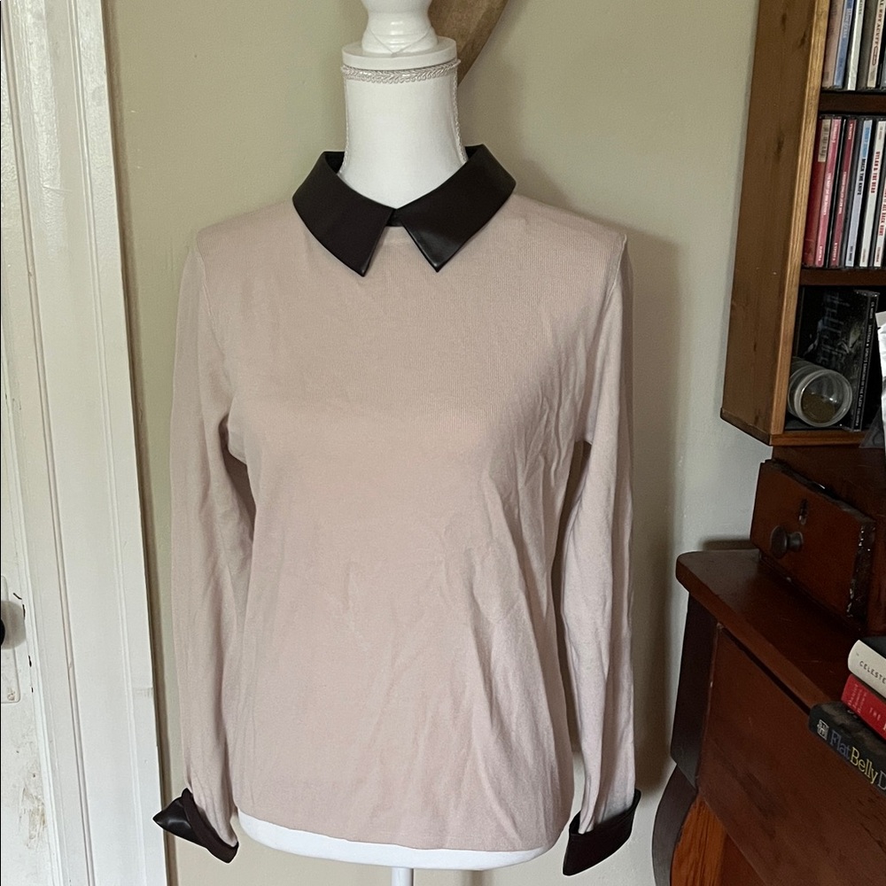 Blush Long-Sleeve Top with Brown faux leather Contrast Collar and Cuffs